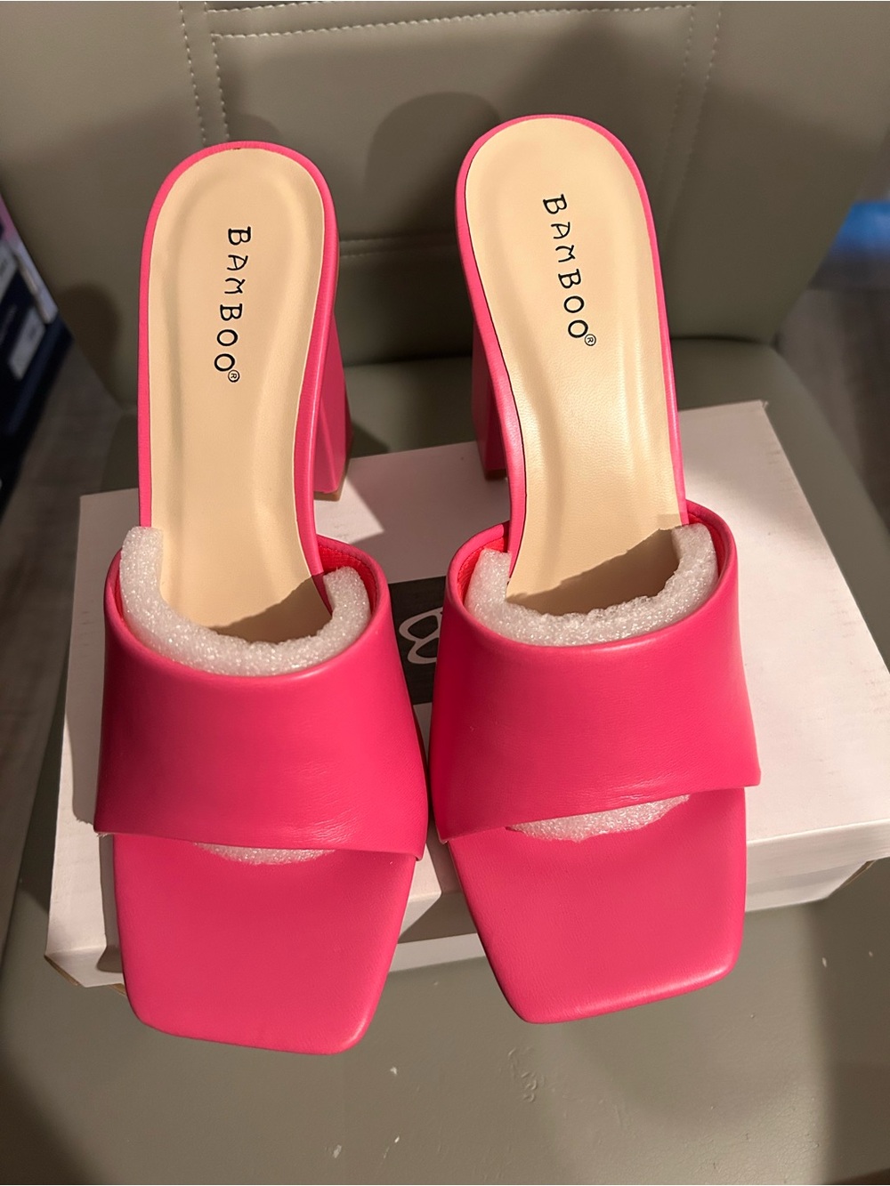 BAMBOO Hot Pink Square Toe Block Heel Mules